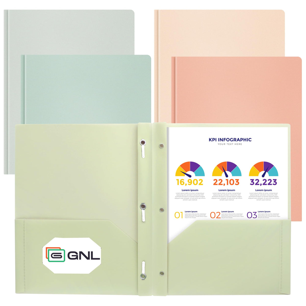 GNL Plastic Folders with Pockets and Prong, Pack of 5, Muted Pastel Colors, Heavy Duty 2 Pocket File Folders Letter Size, Folders with Prongs for School, Home, and Office