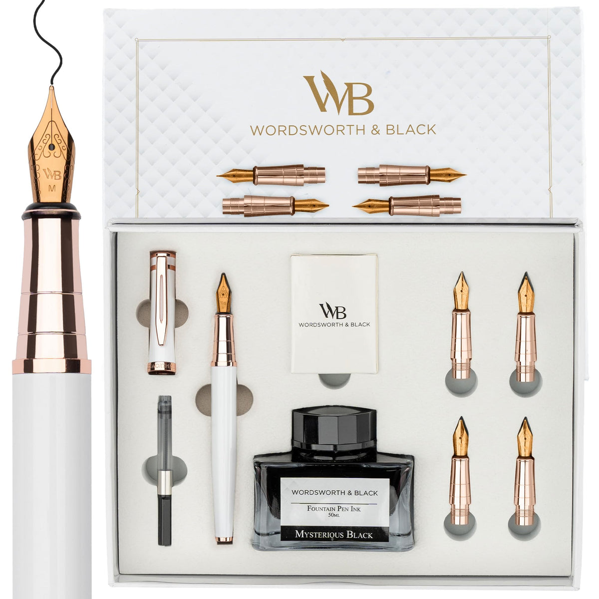 Wordsworth & Black Luxury Fountain Pen Set for Writing, 6 Nibs, Black Rose