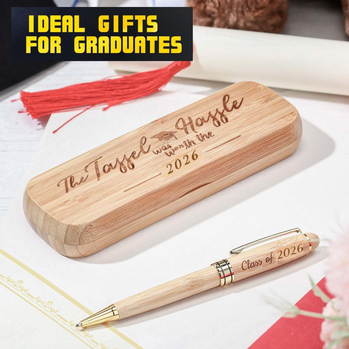 Yinkin Graduation Gifts for Him Her Class of 2026 Seniors Students Bamboo Pen Set Wooden Textured Bamboo Pen and Box Inspirational Congratulation Gift(the Tassel Was Worth the Hassle)