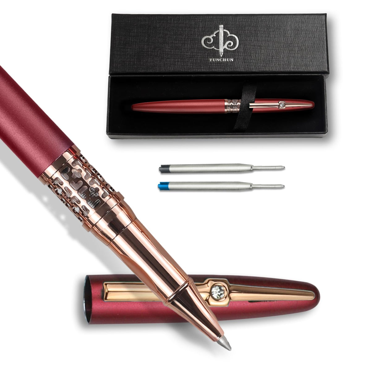 YUNCHUN Refillable Fountain Pen Medium Nib, Fancy Ink Pen with 10 Black & 10 Blue Ink Refills Cartridges, Cool Ink Pens for Writing, Business Metal, Best Gift Set for Men & Women, Red