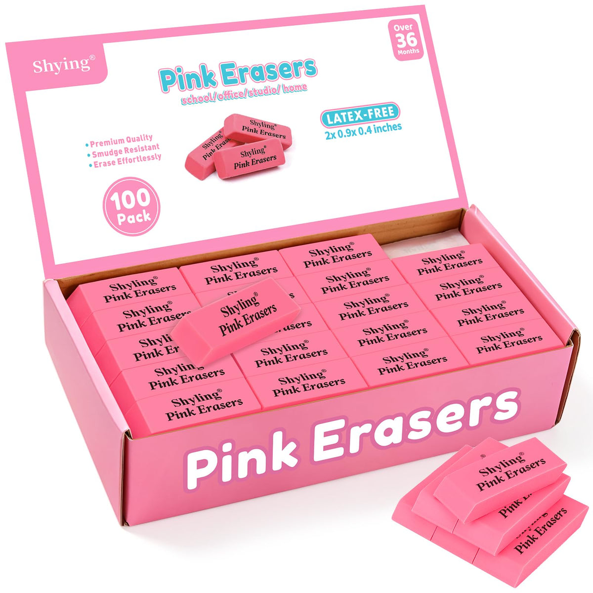 36 Pack Pink Erasers Bulk, Latex-Free Pencil Erasers for School, Office