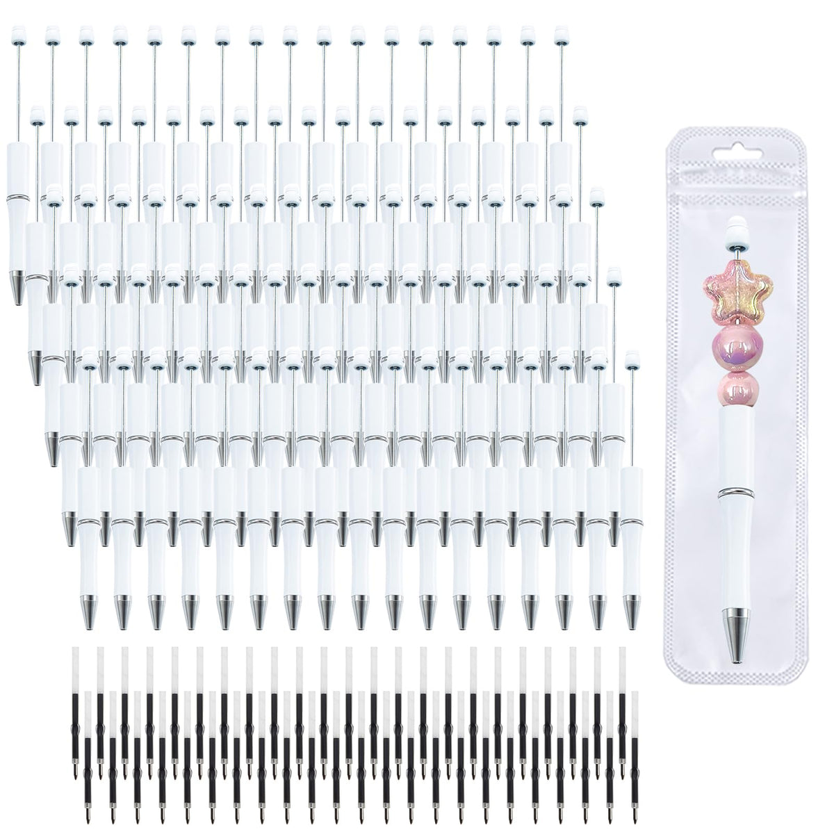 210 Pieces DIY Beadable Pen Bulk Kit – 70PCS Ballpoint Pen with Refills & Bags – Perfect for Beads Pens Supplies, Beaded Pens for DIY Crafting – Office Supplies & Teacher Accessories (Gold)