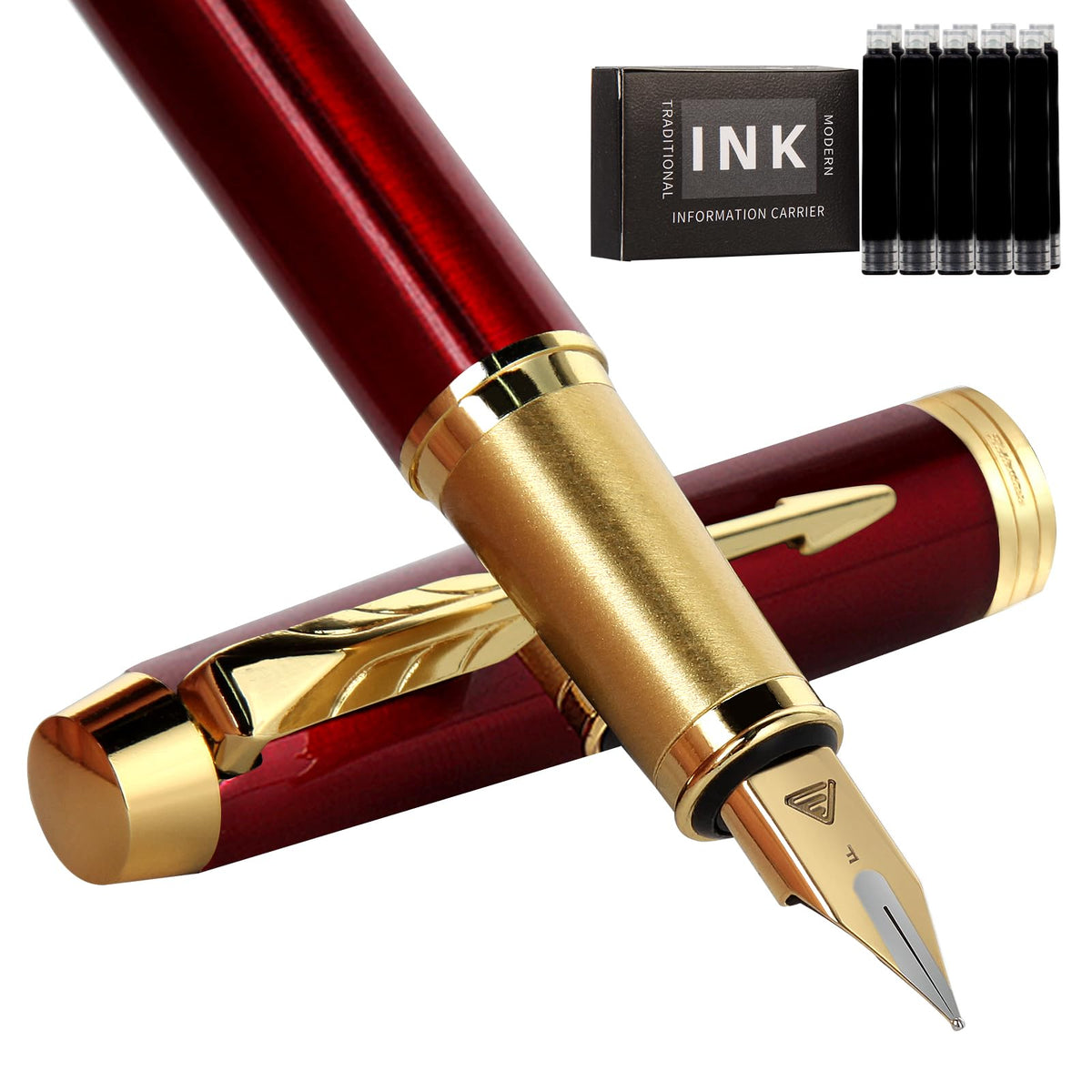 Fountain Pen, luxury Fine point smooth writing pen for journaling fancy pens with Gift Case 8 black ink cartridges an EF nib an ink converte nice pen writer gifts-Matte Green