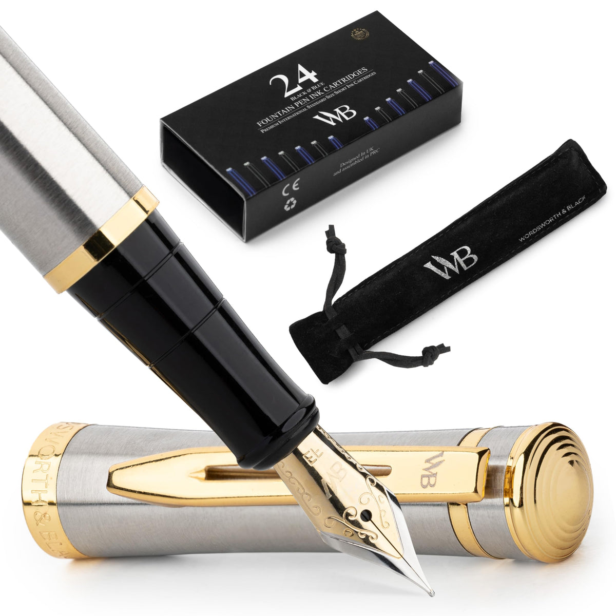 Wordsworth & Black Luxury Fountain Pen Set for Writing, Medium Nib, Silver