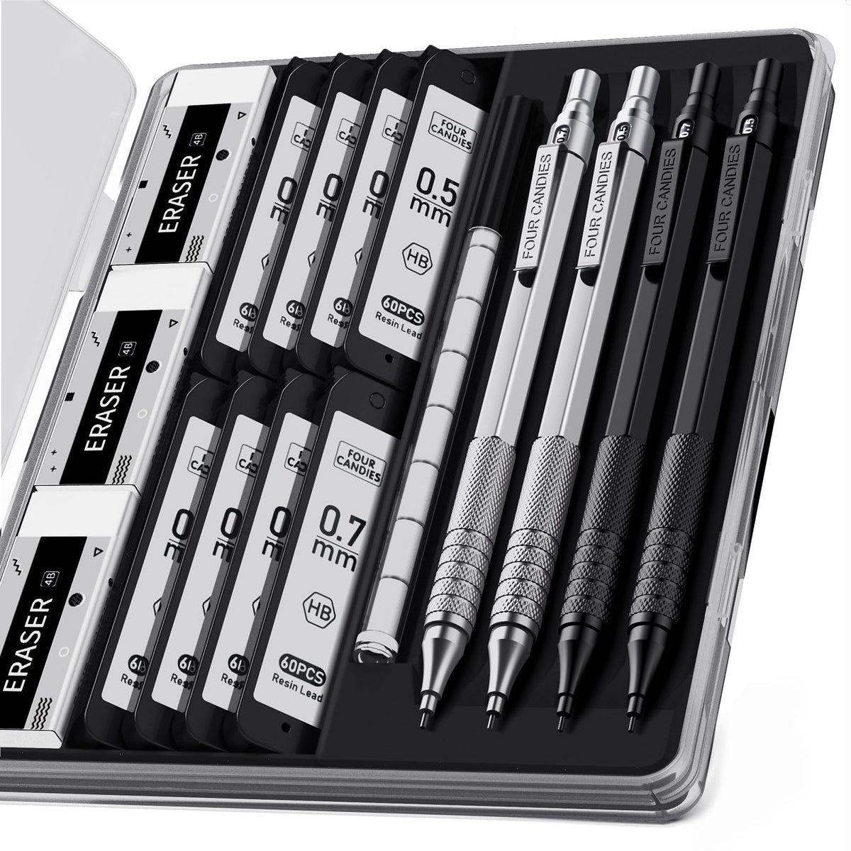2PCS Metal Mechanical Pencil Set, 0.5mm+0.7mm, Storage Case, Black&Silver