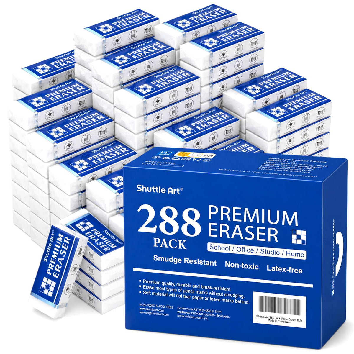 Erasers, Shuttle Art 288 Pack Premium Erasers Bulk, White Eraser Classroom Set for Kids Teachers as School and Office Supplies