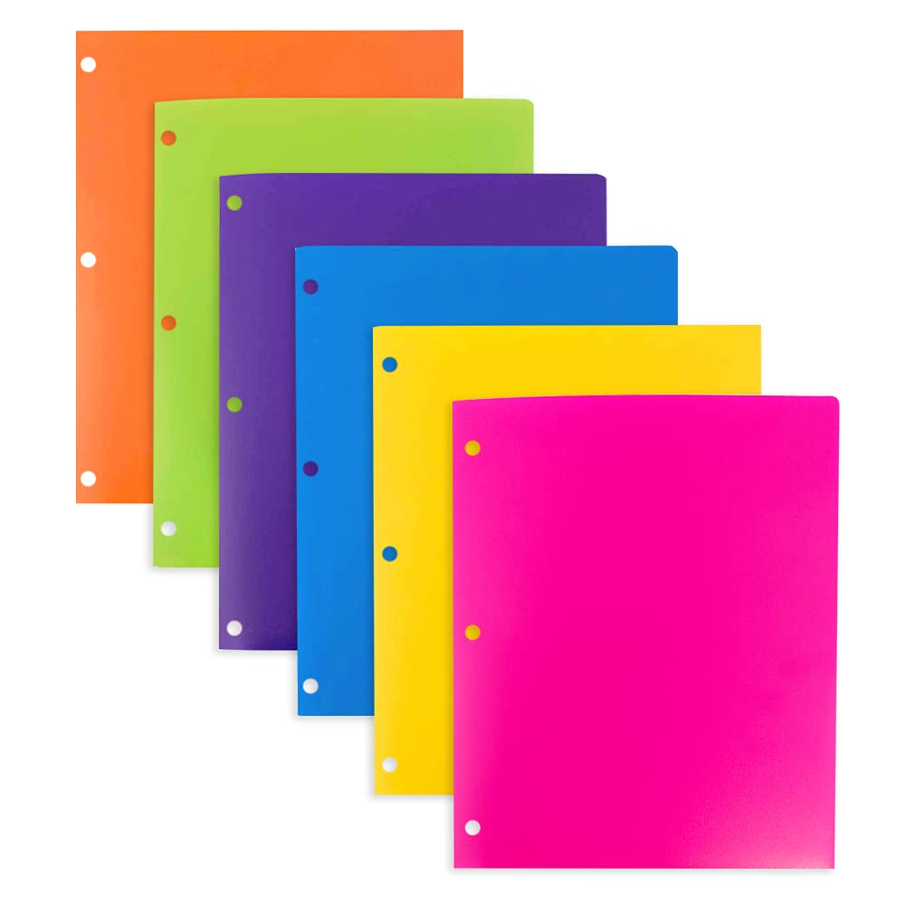 JAM PAPER Heavy Duty Plastic 3 Hole Punch Pocket Folders - Extra Tough School Folders - Assorted Primary Colors - 6/Pack