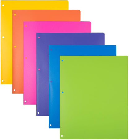 JAM PAPER Heavy Duty Plastic 3 Hole Punch Pocket Folders - Extra Tough School Folders - Assorted Primary Colors - 6/Pack