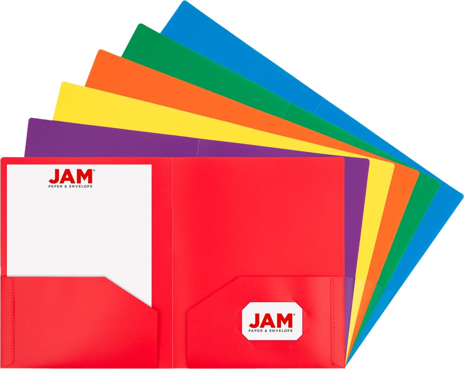 JAM PAPER Heavy Duty Plastic 2 Pocket Extra Tough School Folders - Assorted Primary Colors - 6/Pack