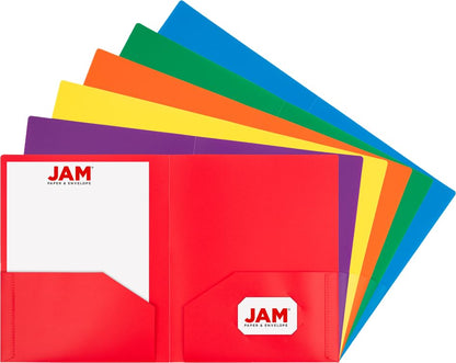 JAM PAPER Heavy Duty Plastic 2 Pocket Extra Tough School Folders - Assorted Primary Colors - 6/Pack