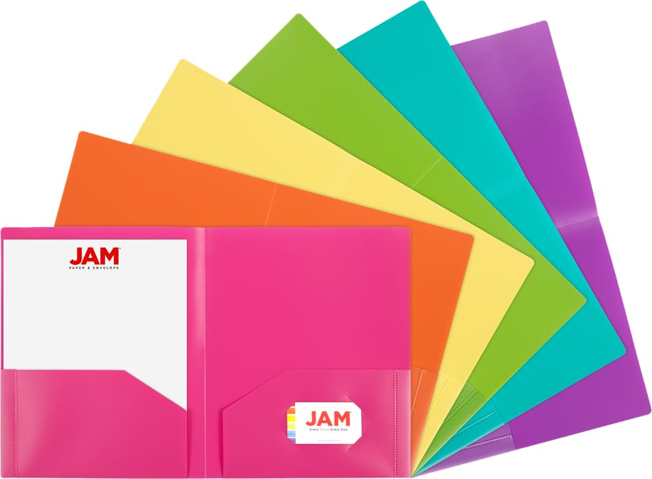 JAM PAPER Heavy Duty Plastic 2 Pocket Extra Tough School Folders - Assorted Primary Colors - 6/Pack