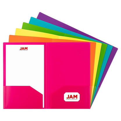 JAM PAPER Heavy Duty Plastic 2 Pocket Extra Tough School Folders - Assorted Primary Colors - 6/Pack