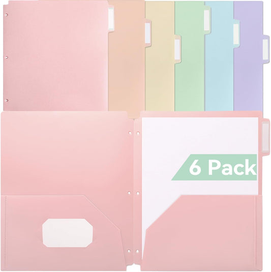 SortRax Plastic Folders with Pockets, 3-Hole, 3 Tab Positions, Pastel