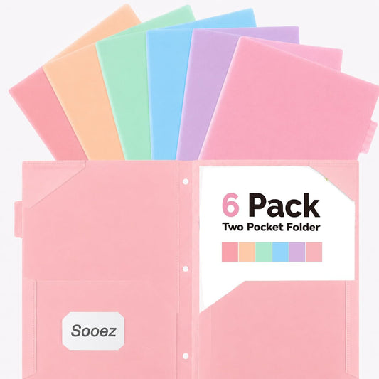 Sooez Plastic Folders with Pockets and Tabs, 6 Pack Pocket Folders with Writable Label Stickers, Fits 3-Ring Binder, Holds Letter/A4 Size Paper, Back to School Office Filing Supplies, Pastel Colors