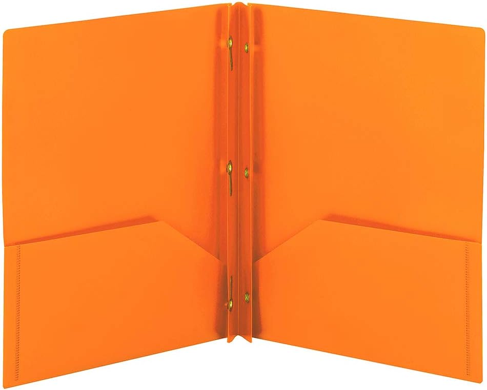Smead Plastic 2 Pocket Folders with Pockets & Prongs, Orange 3 Pack