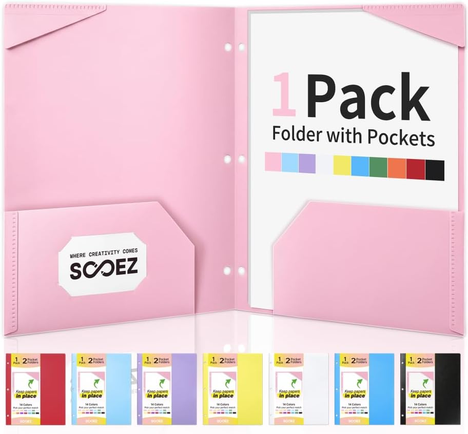 Sooez 2-Pocket Folders, Plastic Folders with Pockets 3 Hole Punched
