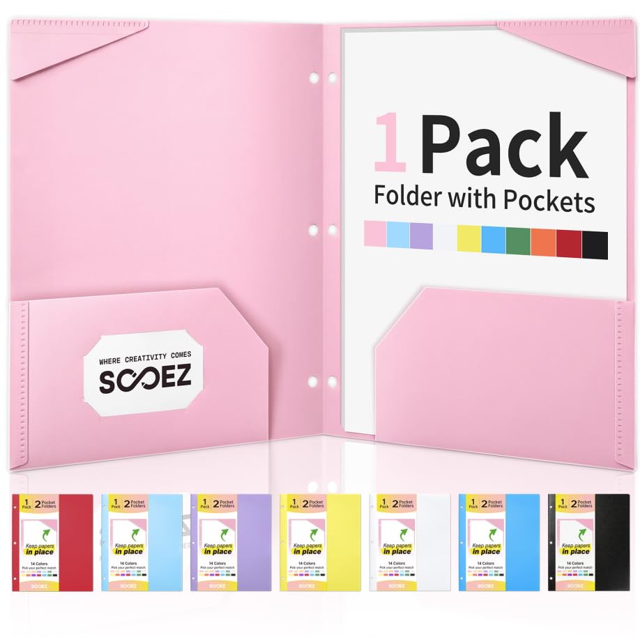 Sooez 2-Pocket Folders, Plastic Folders with Pockets 3 Hole Punched
