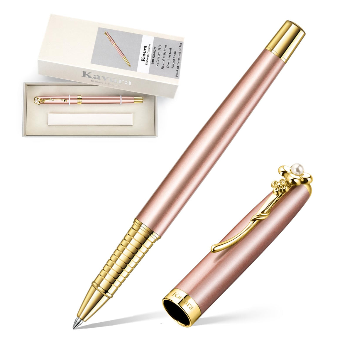 Four-Leaf Clover & Pearl Rollerball Pen for Women,Pearl White