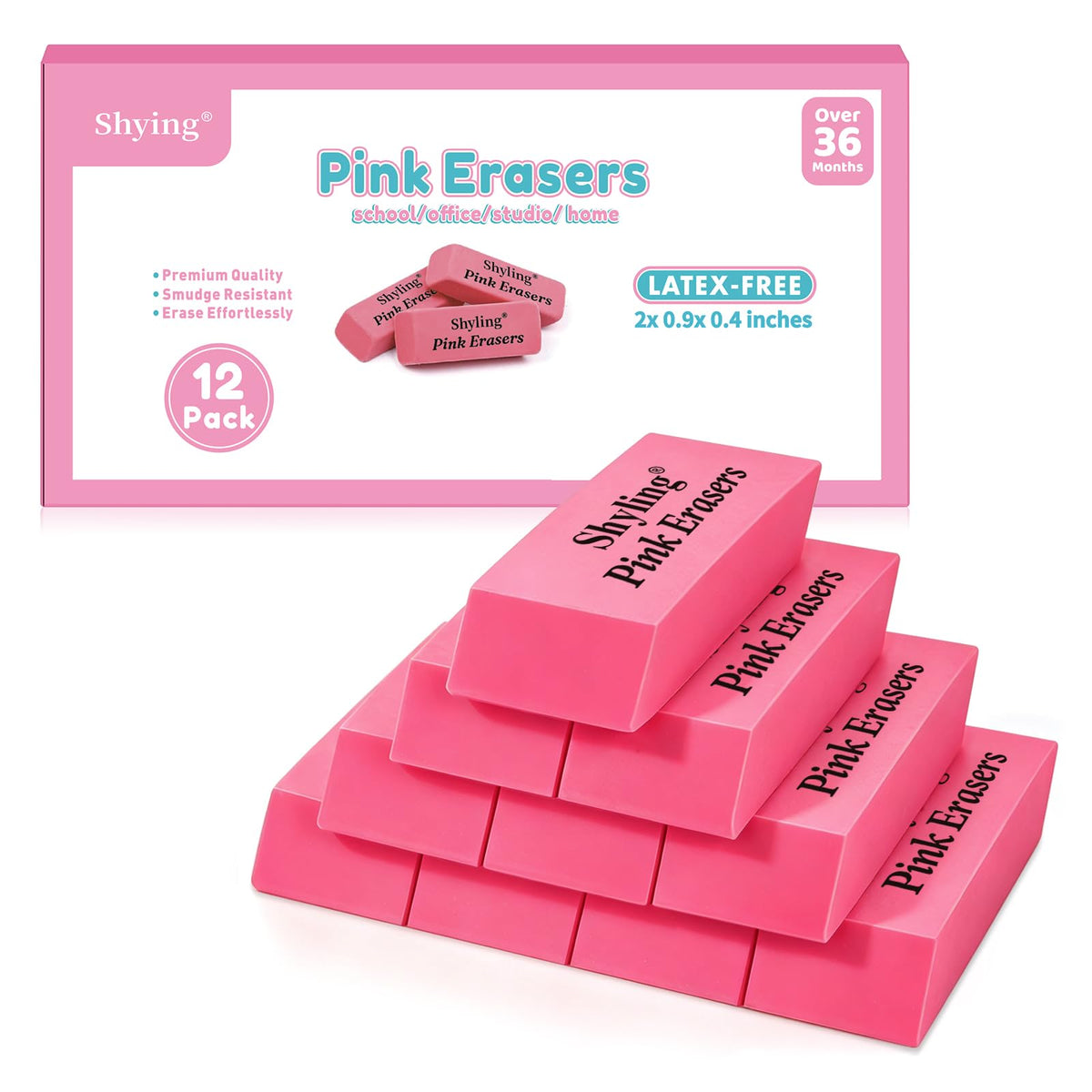 36 Pack Pink Erasers Bulk, Latex-Free Pencil Erasers for School, Office