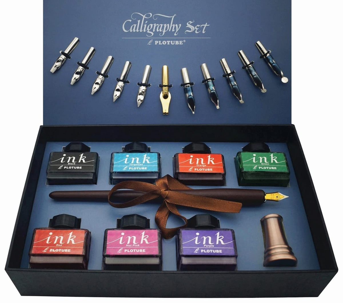Plotube Calligraphy Pen Set, 11 Nibs, Black Ink, Pen Stand