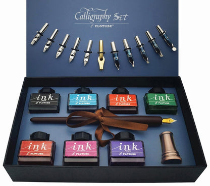 Plotube Calligraphy Pen Set, 11 Nibs, Black Ink, Pen Stand