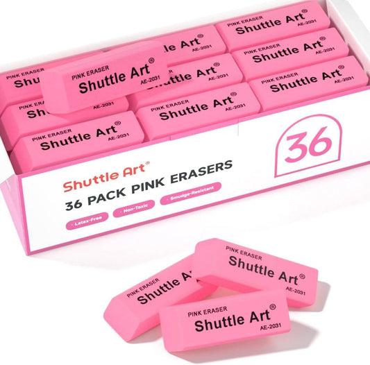 Shuttle Art Pink Erasers, 36 Pack Erasers Bulk, Latex-Free, No Smudge, Soft Eraser for Kids, Teachers, Homeschools, Art Classes and Back to School Supplies