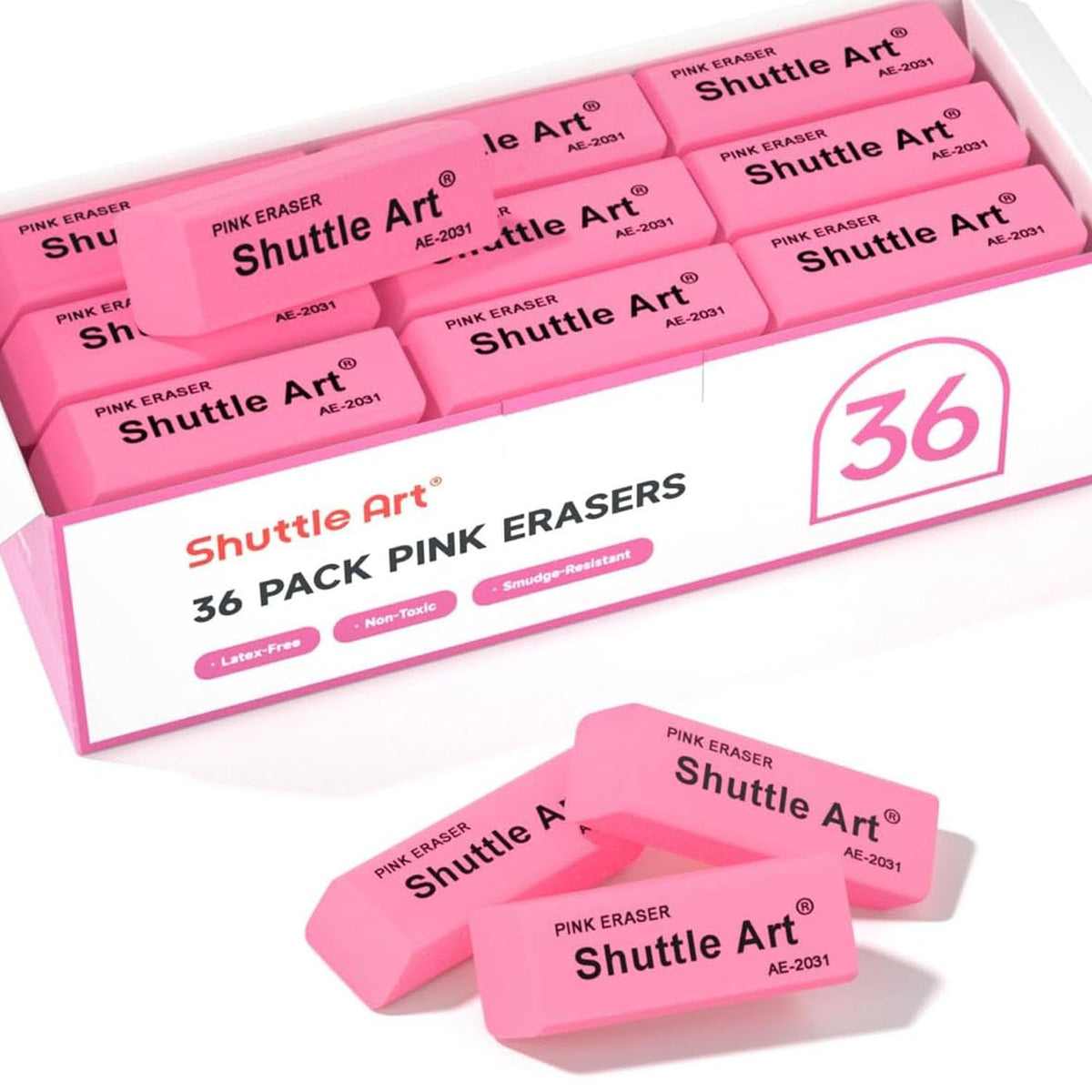 Shuttle Art Pink Erasers, 36 Pack Erasers Bulk, Latex-Free, No Smudge, Soft Eraser for Kids, Teachers, Homeschools, Art Classes and Back to School Supplies