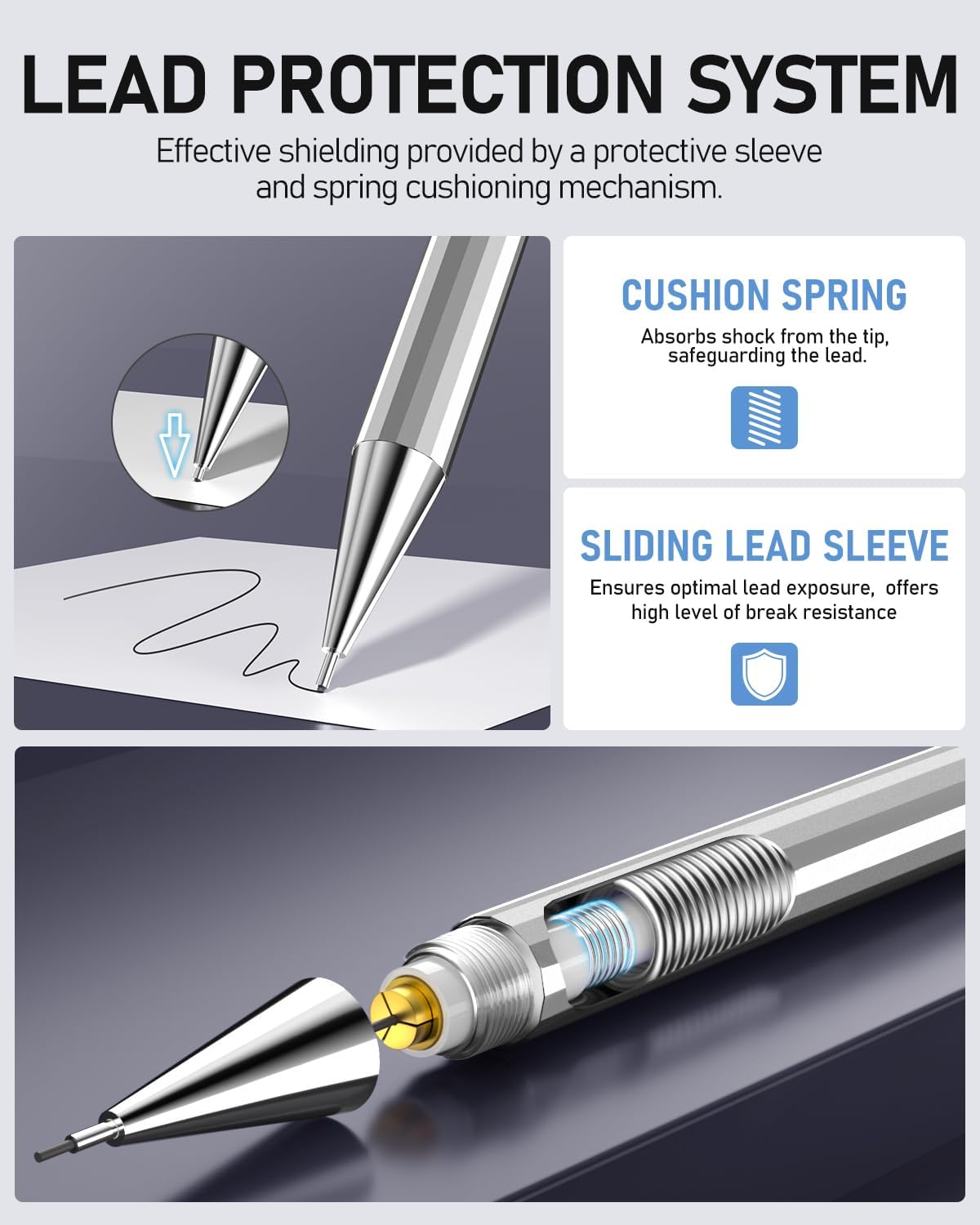 Mechanical Pencil Set, 0.7mm 4-Pack with Case, Metal Body, Medium Point