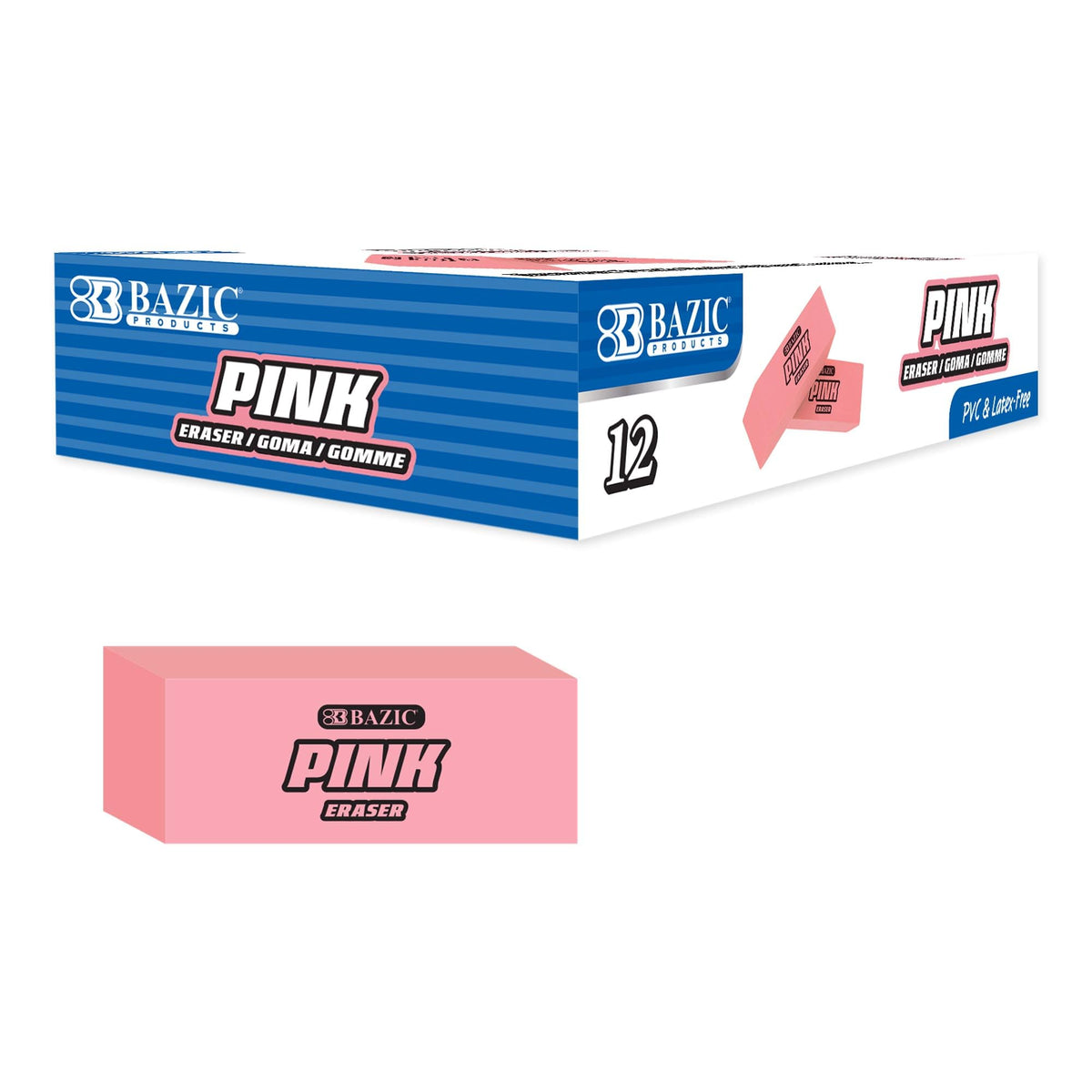 BAZIC Products Pink Bevel Block Erasers, Latex-Free, 4 Count