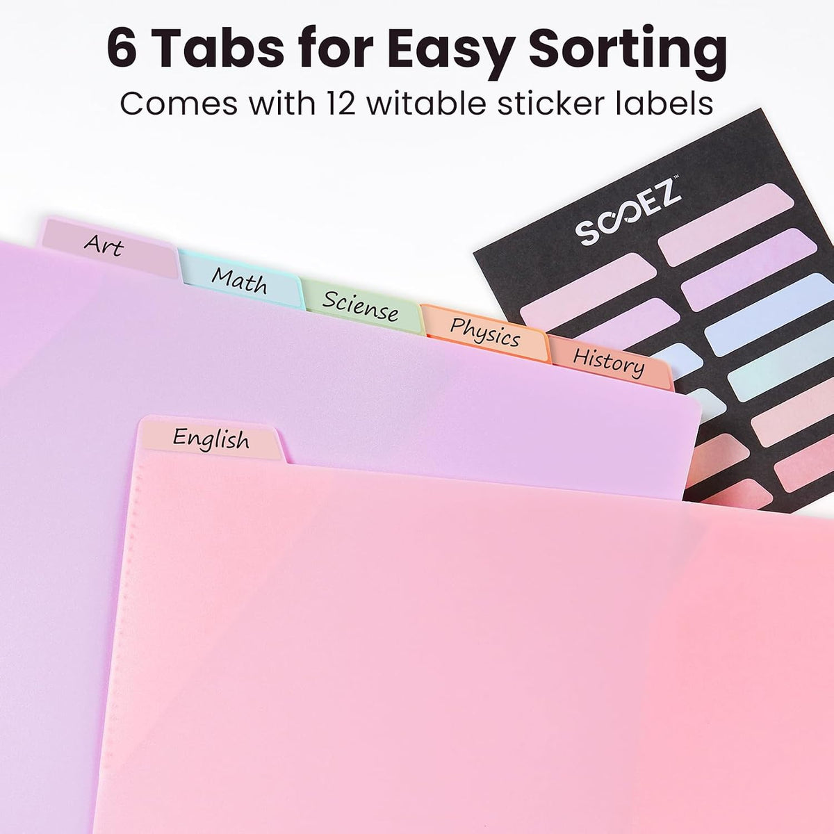 Sooez Plastic Folders with Pockets and Tabs, 6 Pack Pocket Folders with Writable Label Stickers, Fits 3-Ring Binder, Holds Letter/A4 Size Paper, Back to School Office Filing Supplies, Pastel Colors