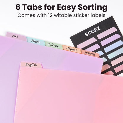 Sooez Plastic Folders with Pockets and Tabs, 6 Pack Pocket Folders with Writable Label Stickers, Fits 3-Ring Binder, Holds Letter/A4 Size Paper, Back to School Office Filing Supplies, Pastel Colors