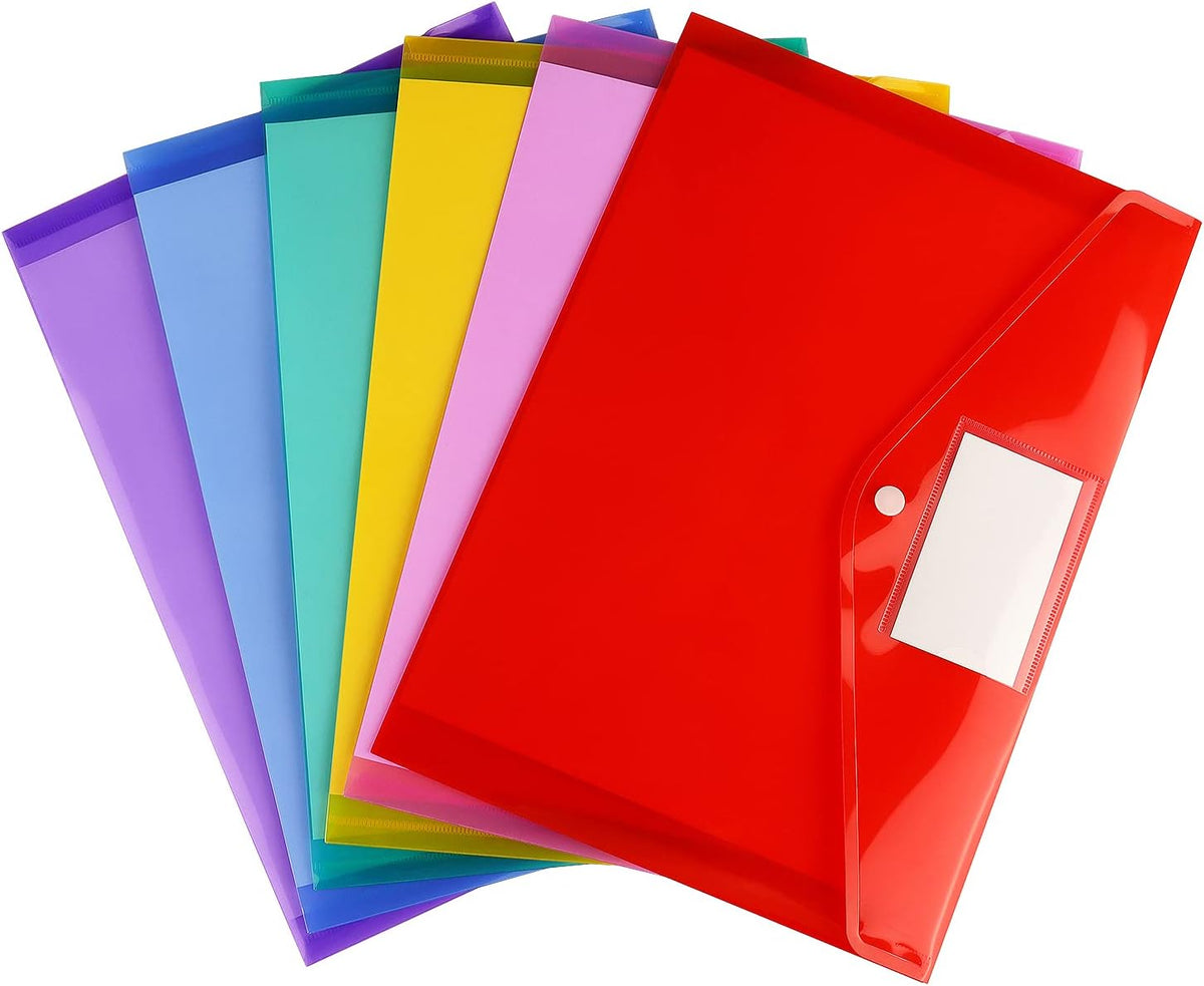 6 Pack Clear Document Folders Plastic Envelopes, A4 Size, 6 Colors