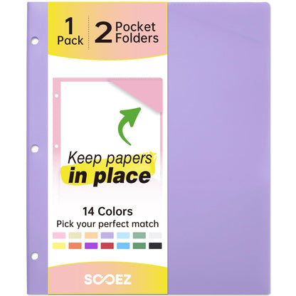 Sooez 2-Pocket Folders, Plastic Folders with Pockets 3 Hole Punched