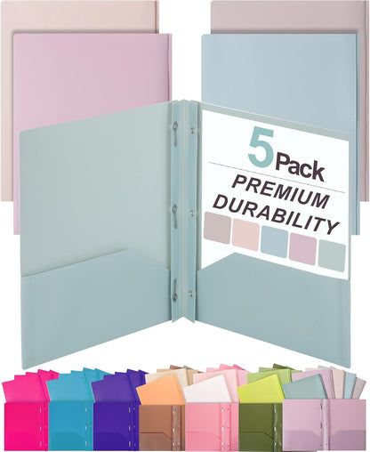 Mr. Pen- Plastic Folders with Pockets and Prongs, 5 Pack, Letter Size