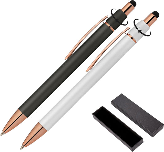 Fidget Pen for Adults - 2 Pack Stress Relief Pens with Gift Box - ADHD Anxiety - Metal with Rubber Grip - Focus for Office, Work (White-Black)