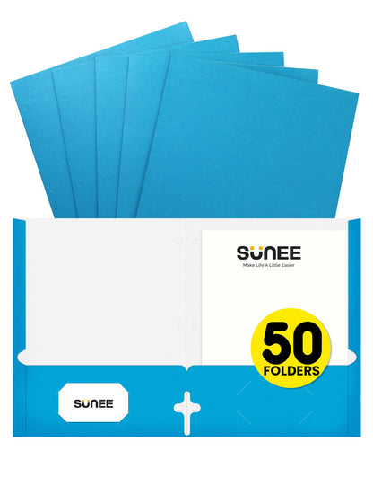SUNEE Folders with Pockets 3 Hole Punched(50 Pack, Dark Blue), 2 Pocket Folders Fit Letter Size Paper, Paper File Folder for School Office Home Bussiness