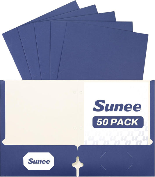 SUNEE Folders with Pockets 3 Hole Punched(50 Pack, Dark Blue), 2 Pocket Folders Fit Letter Size Paper, Paper File Folder for School Office Home Bussiness