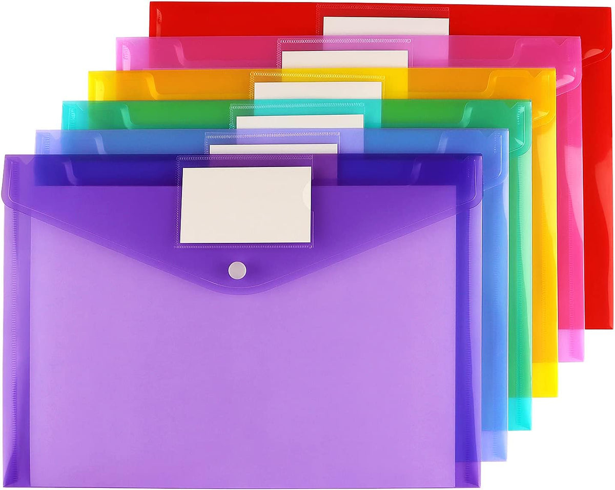 6 Pack Clear Document Folders Plastic Envelopes, A4 Size, 6 Colors