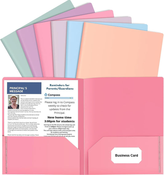 6 Pack Colored File Folders with Pockets, Pastel Pocket Folders, Plastic