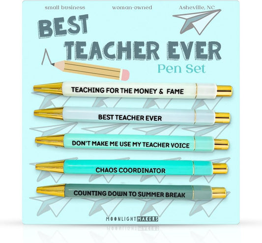 Moonlight Makers Funny Pens for Teachers Black Ink Set of 5, Best, Sayings