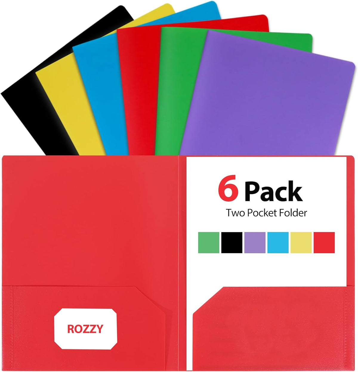 Plastic Folders with Pockets, 6 Rainbow Colors, 2 Pocket, Letter Size