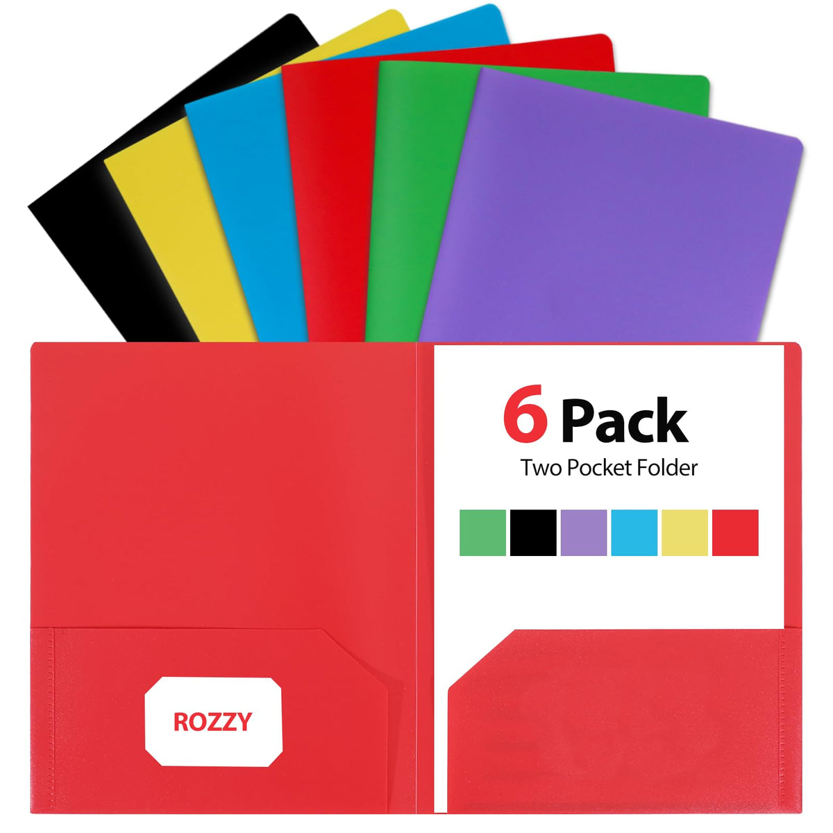 Plastic Folders with Pockets, 6 Rainbow Colors, 2 Pocket, Letter Size