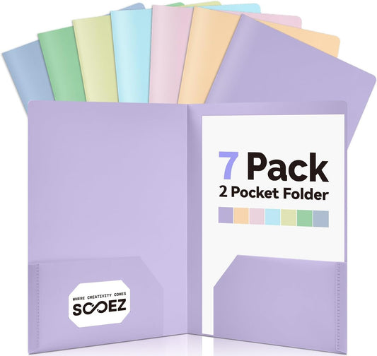 Sooez 7Pack Folders with Pockets, Pastels Colors, Heavy Duty Pocket Folder