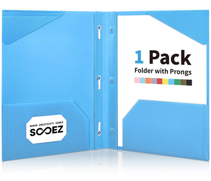 Sooez 1 Pack Plastic Folder, 2-Pocket Folders with Prongs
