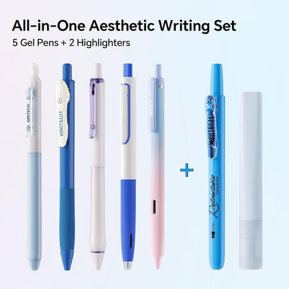 WRITECH Gel Pens Journaling Highlighters: 0.5 & 0.7mm Blue Journal Set 7ct