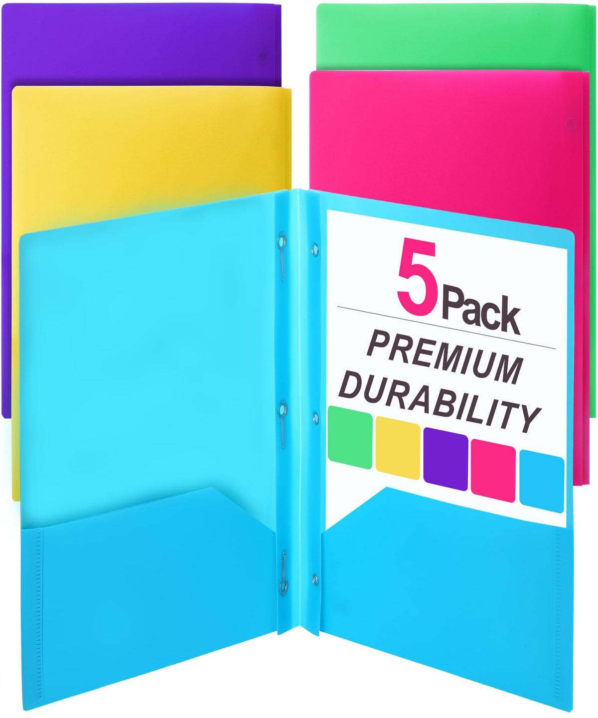Mr. Pen- Plastic Folders with Pockets and Prongs, 5 Pack, Letter Size