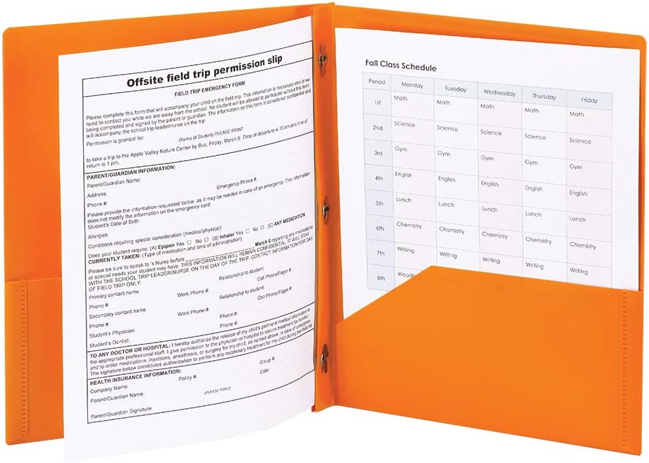 Smead Plastic 2 Pocket Folders with Pockets & Prongs, Orange 3 Pack