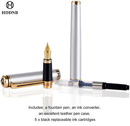 Silver Luxury Fountain Pen Set for Men and Women with Gift Box, 24K Gold Finish and Gilded Nib(Extra Fine)
