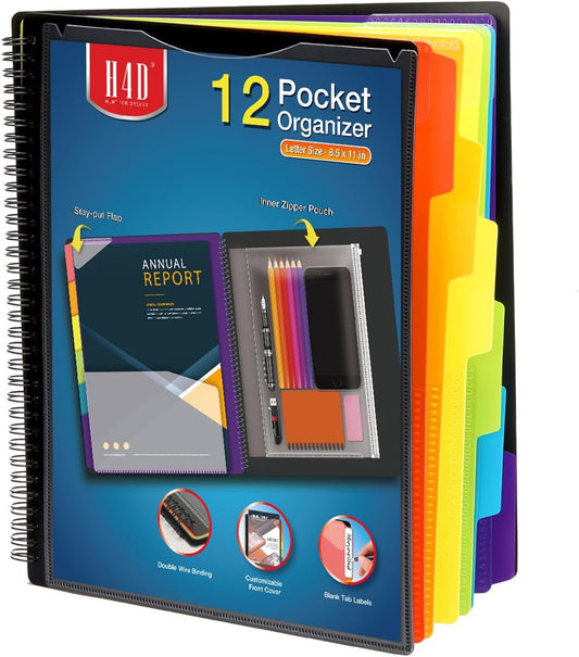 H4D 12 Pocket Poly Project Organizer, Multi Pocket Folder, Primary Colors