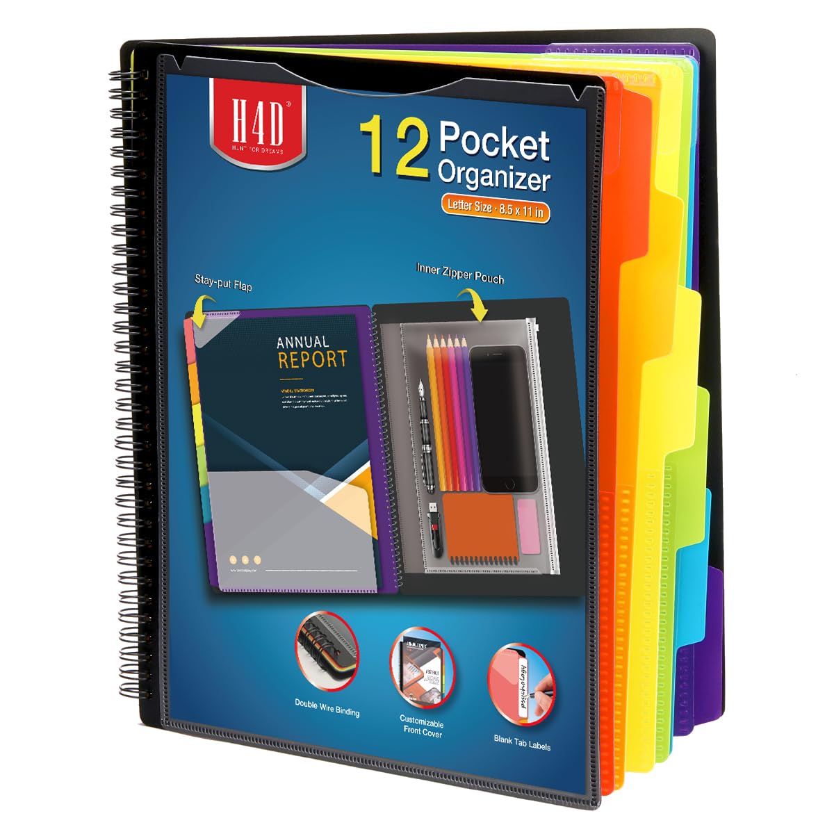 H4D 12 Pocket Poly Project Organizer, Multi Pocket Folder, Primary Colors